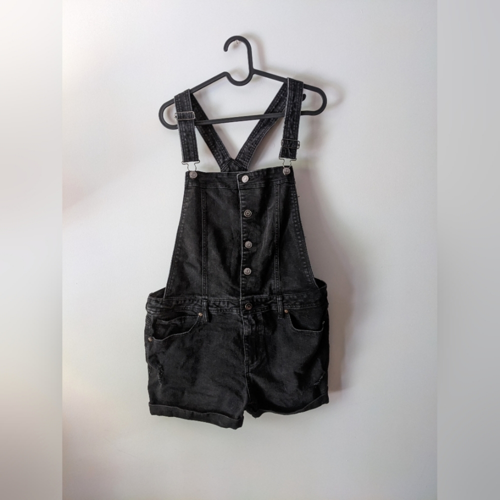 Black Denim Short Overalls